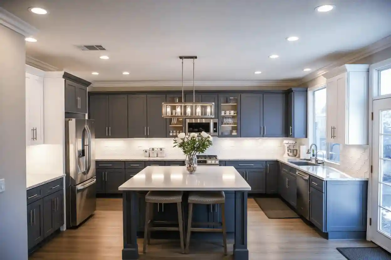 Cucina dopo il restyling: ante rinnovate con pellicola effetto legno chiaro moderno